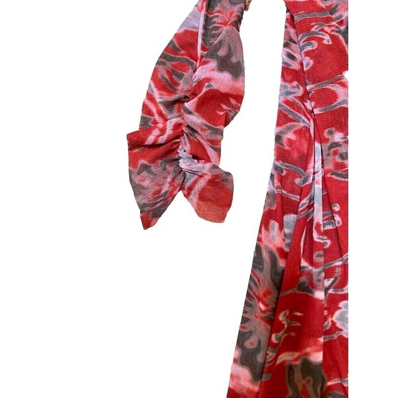 Kokoon Women’s Ruched Sleeve Raw Edge Floral Red Stretchy V-neck Wrap‎ Dress S - Picture 9 of 12